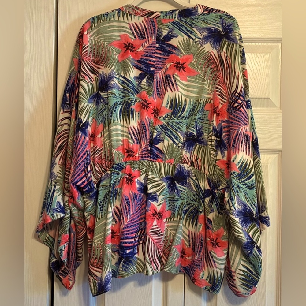 Style Envy tropical Kimono Coverup with vibrant colored floral & palm franz